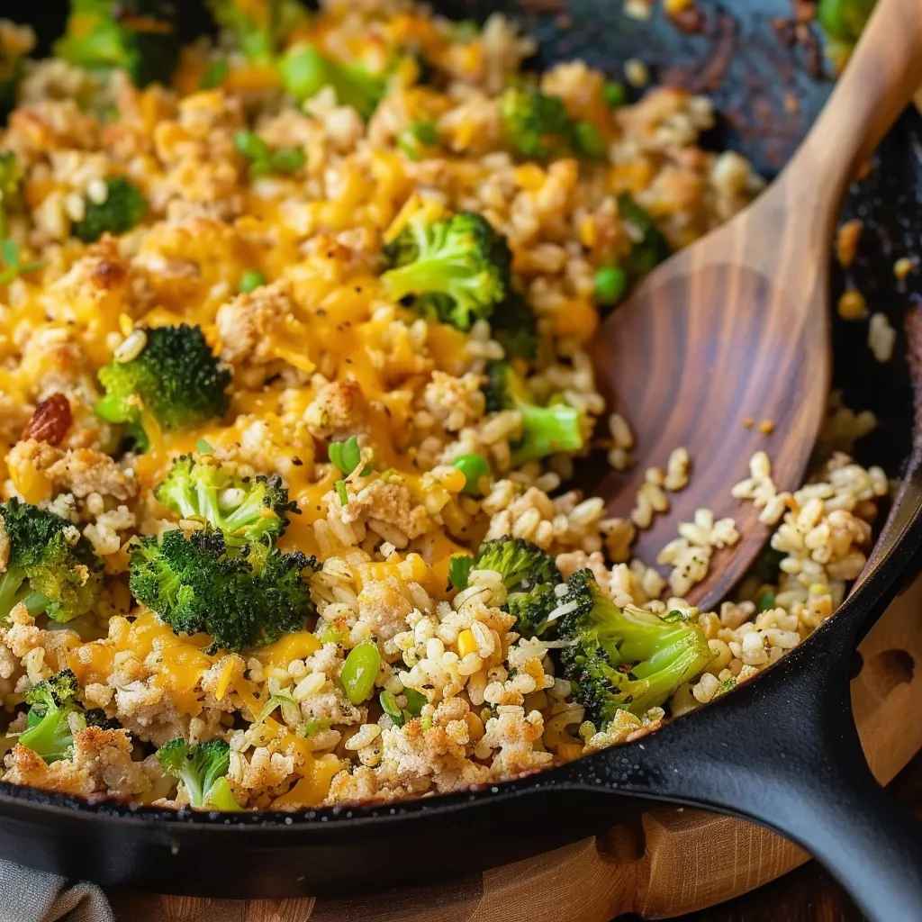 A pan of rice with broccoli and cheese.