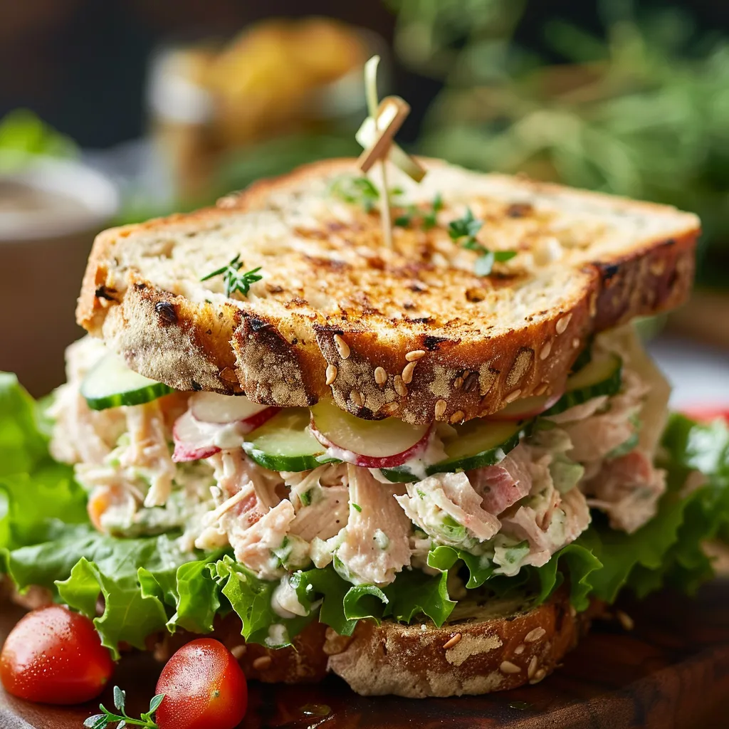 A sandwich packed with tomato, lettuce, and cucumber.