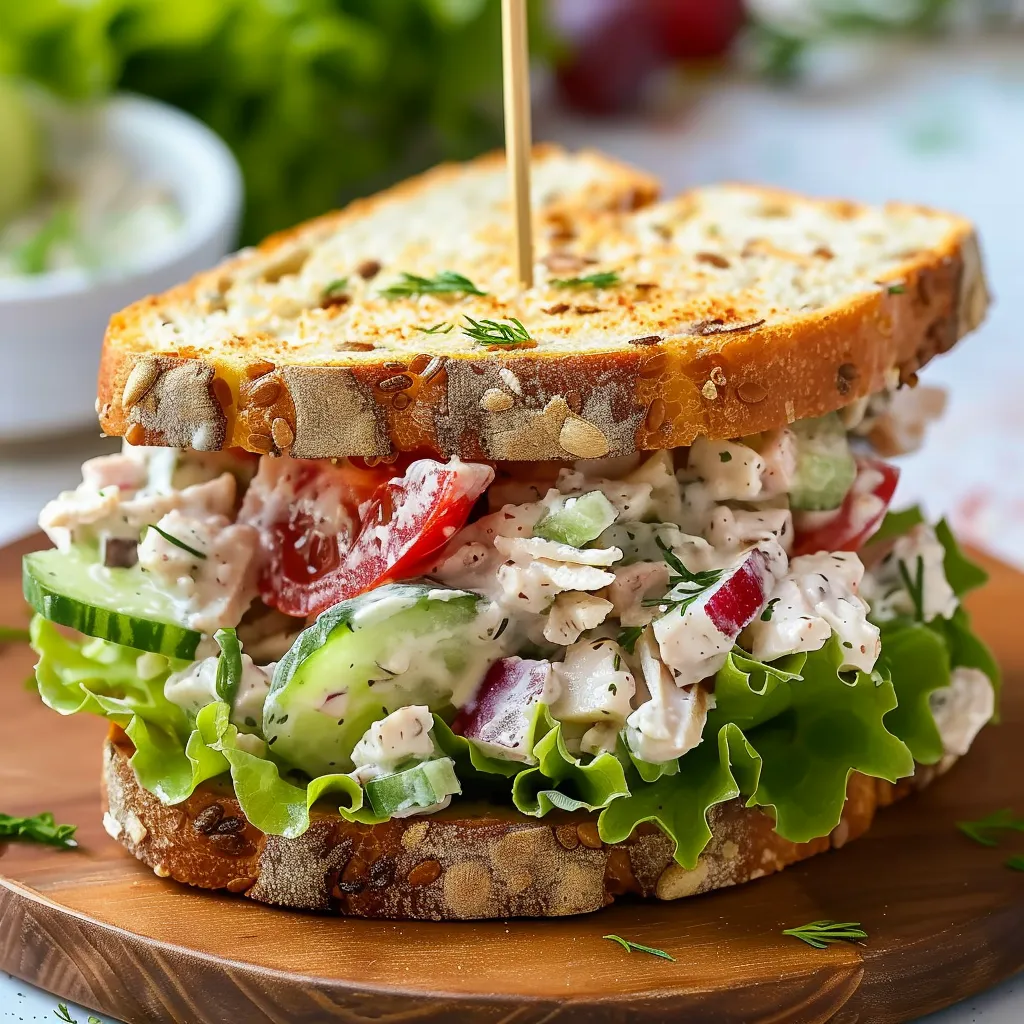 A sandwich with lettuce, tomato, and cucumber on a wooden cutting board.