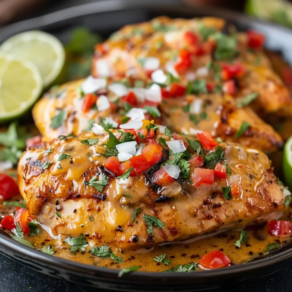 Grilled chicken topped with cheese and veggies on a plate.
