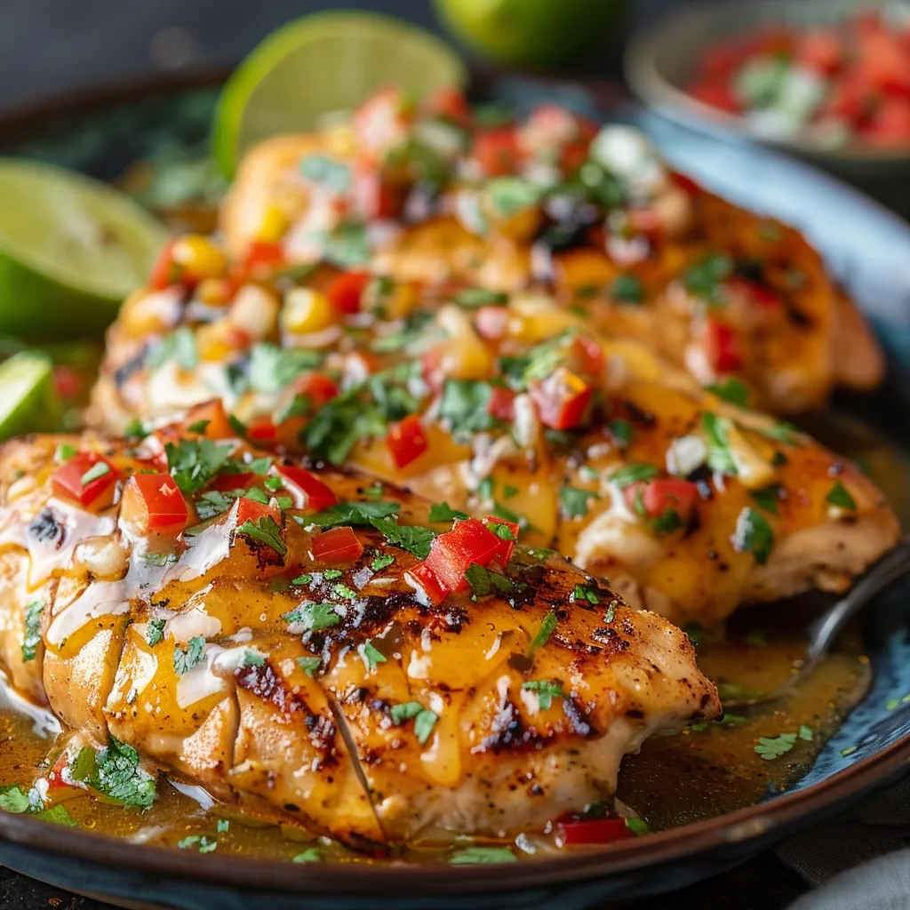 A plate of chicken with tomatoes and limes.