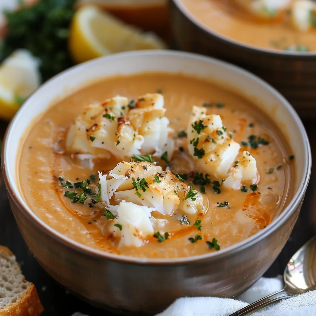 Soup in a bowl with lemon on the side.