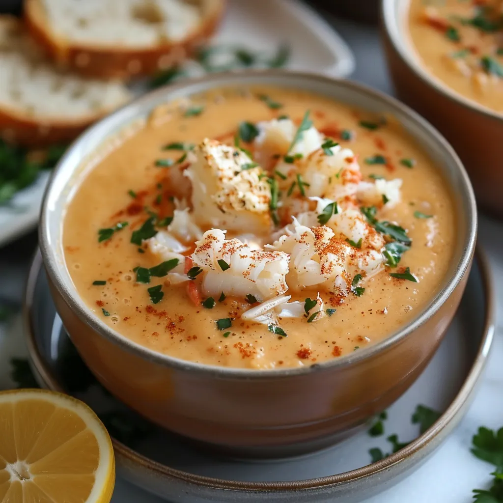 A bowl of soup with a slice of lemon on top.