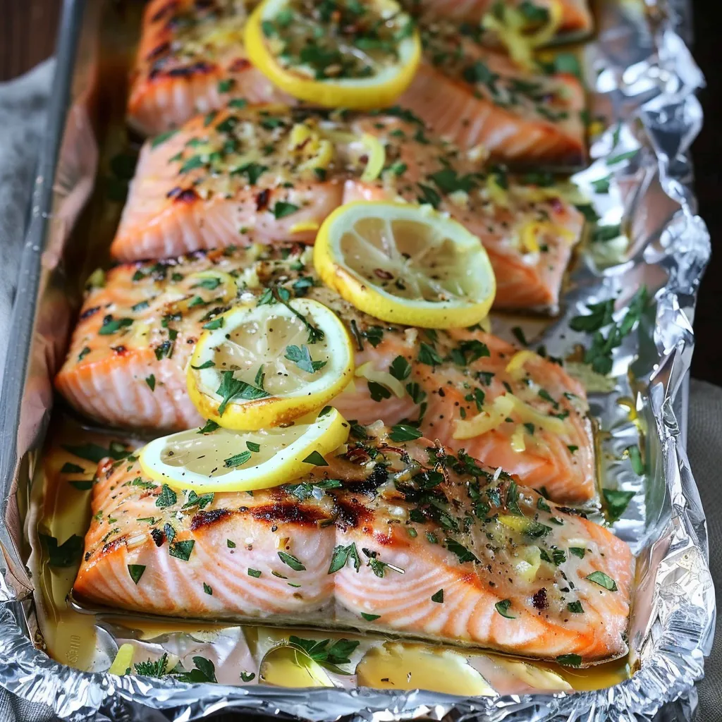 Salmon loaded with lemon and herbs on a baking tray.