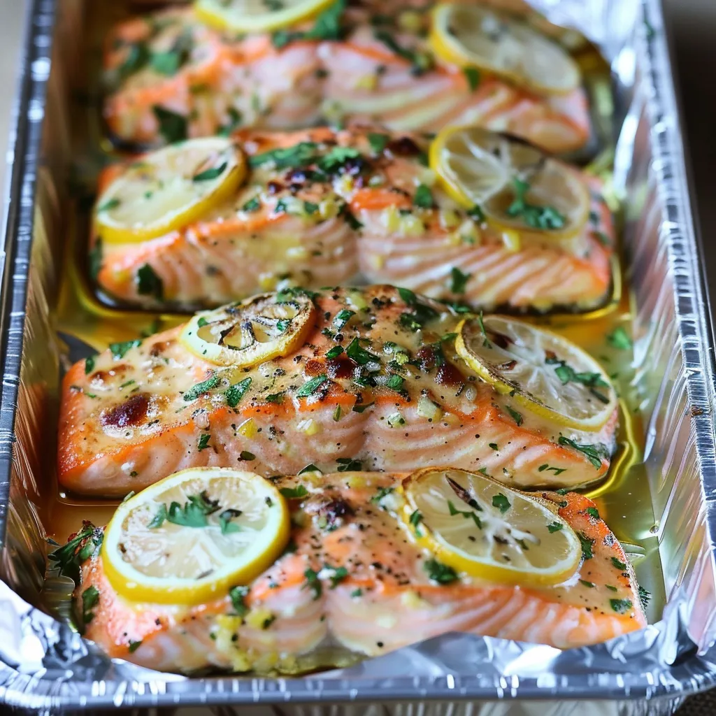 A pan of fish with lemon slices on top.