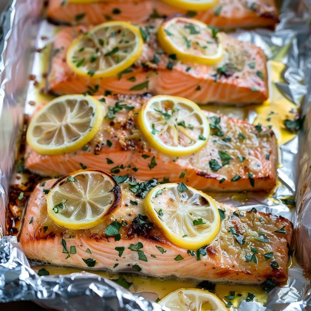 A pan of salmon with lemon slices on top.