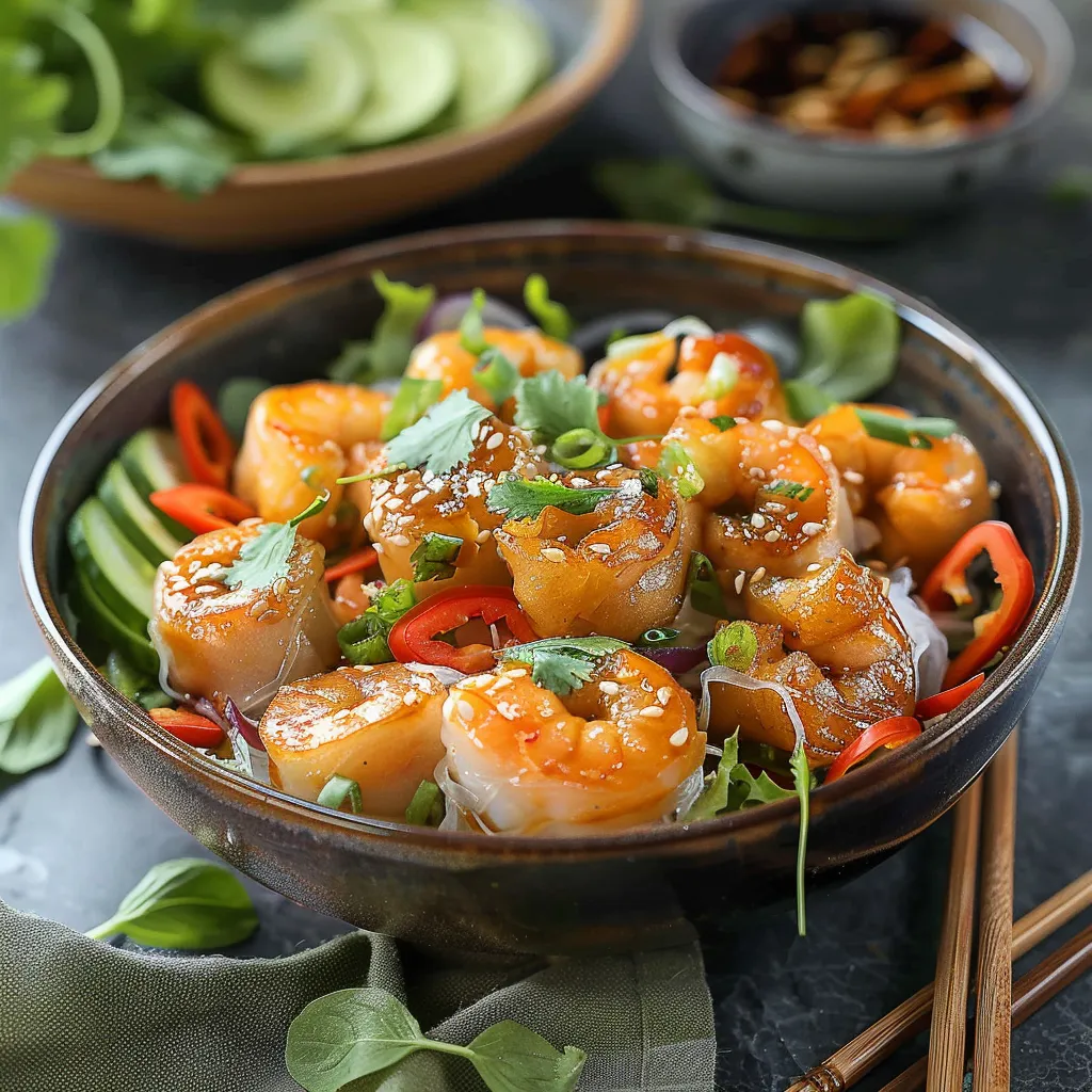 A bowl of shrimp with vegetables.