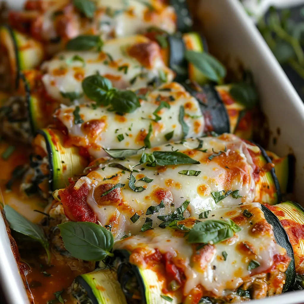 A dish of zucchini with cheese and sauce.