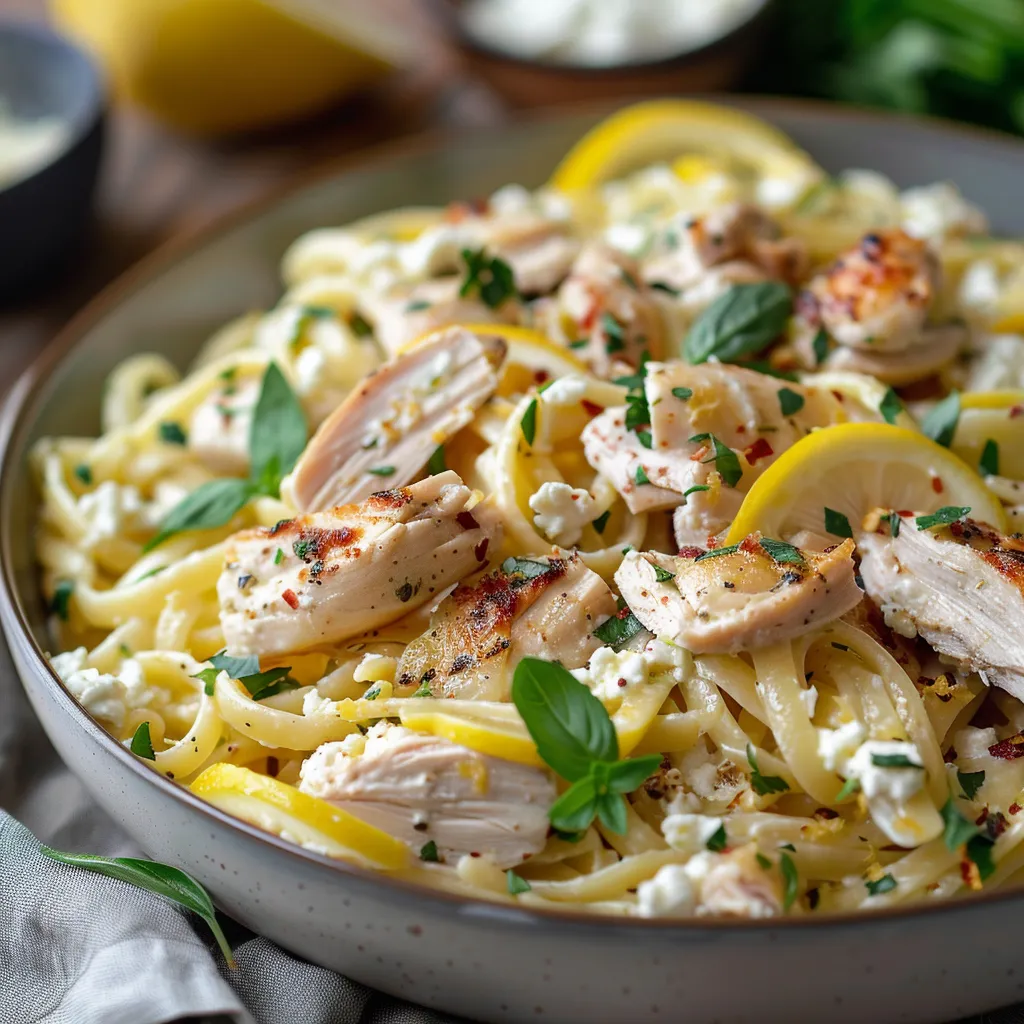 Pasta tossed with lemon and chicken on a white plate.