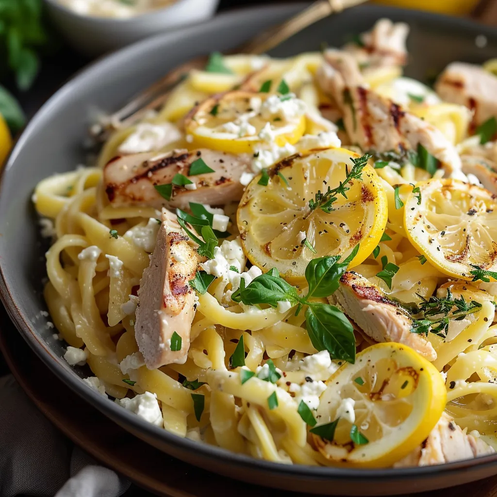 A plate of pasta with chicken and lemon slices.