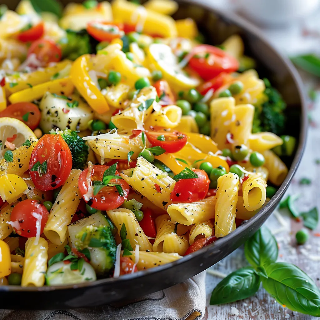 A bowl of pasta with tomatoes, peas, and broccoli.