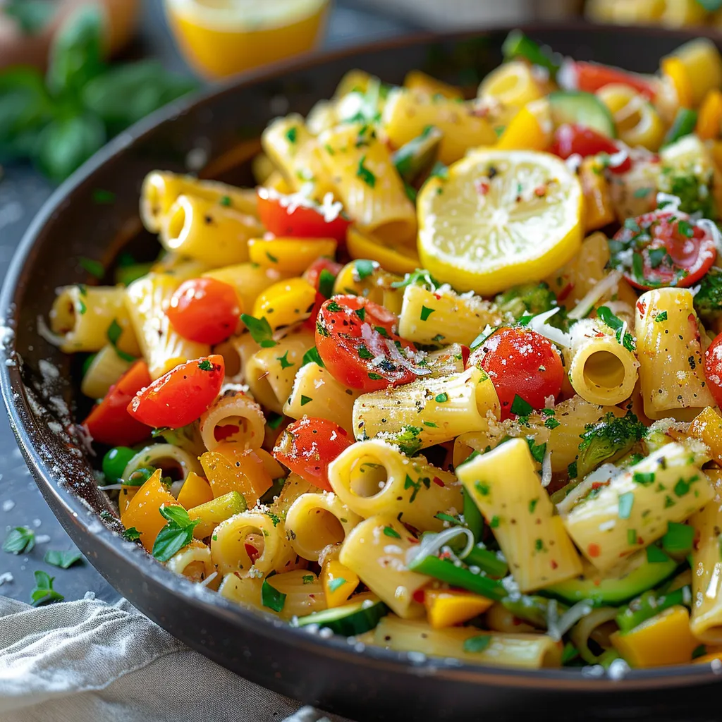 A bowl of pasta with tomatoes, zucchini, and lemon.