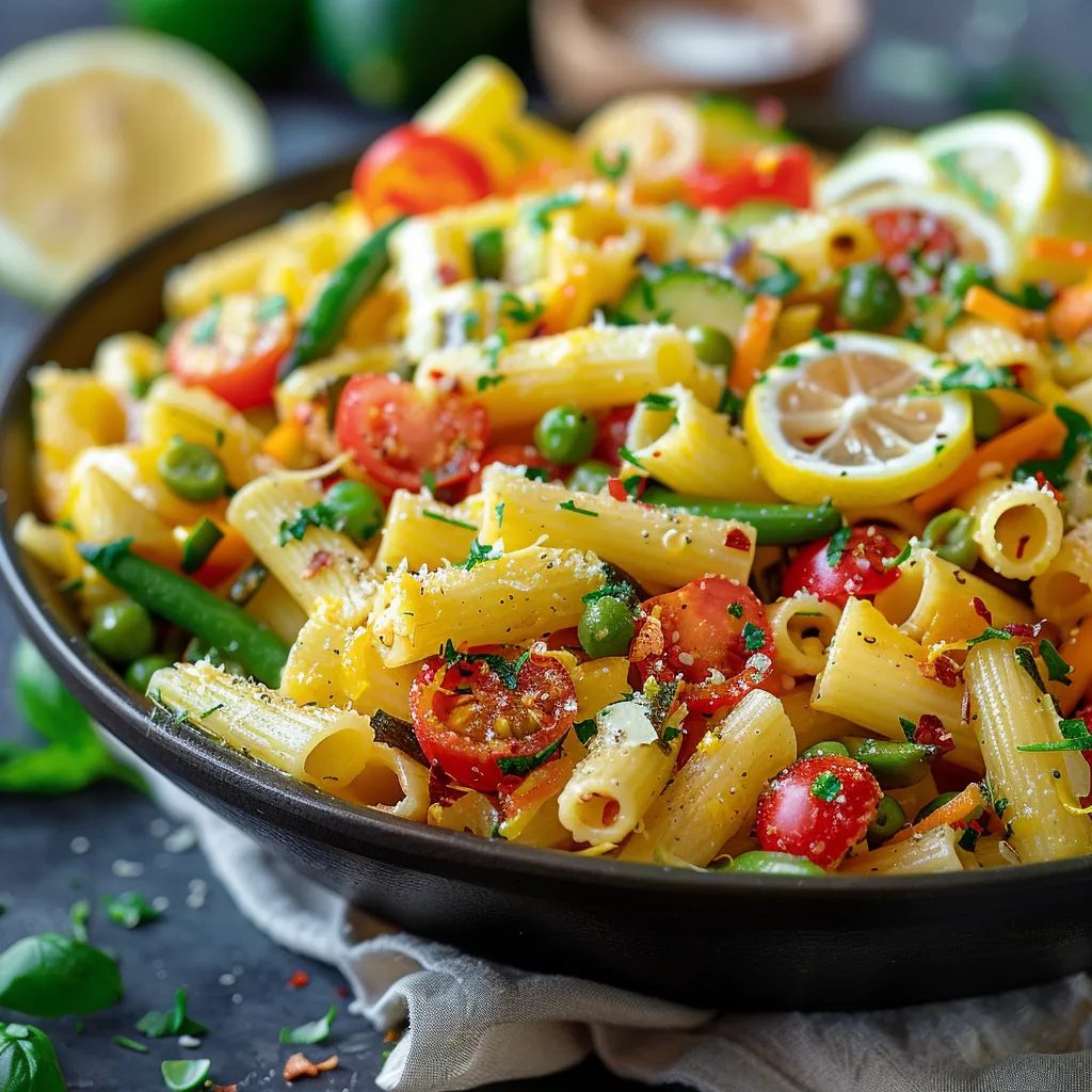 A bowl of pasta with tomatoes, peppers, and carrots.