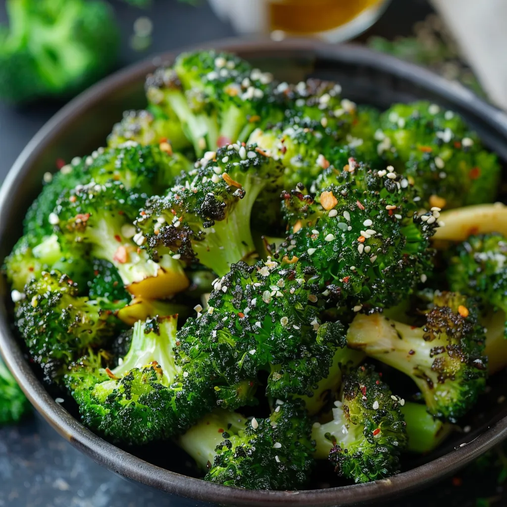A bowl of broccoli with seasoning.