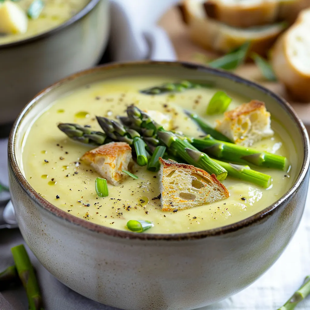 A bowl of soup with bread and asparagus.