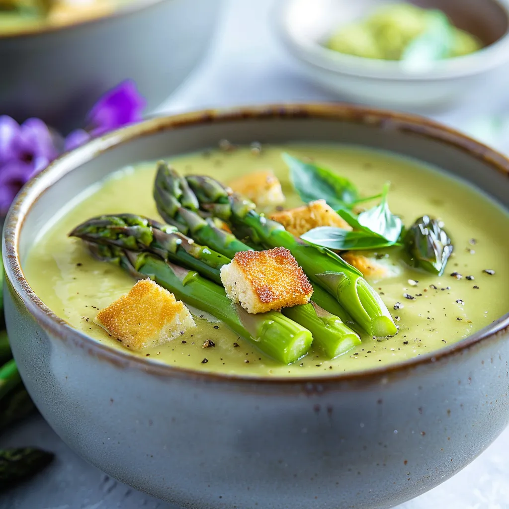 A bowl of soup with asparagus and bread.