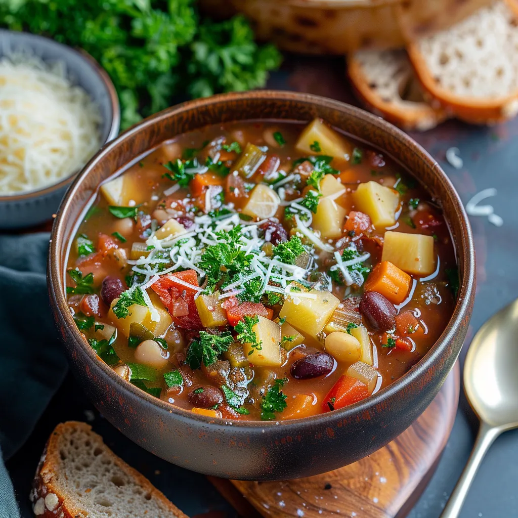 A bowl of soup covered in cheese.
