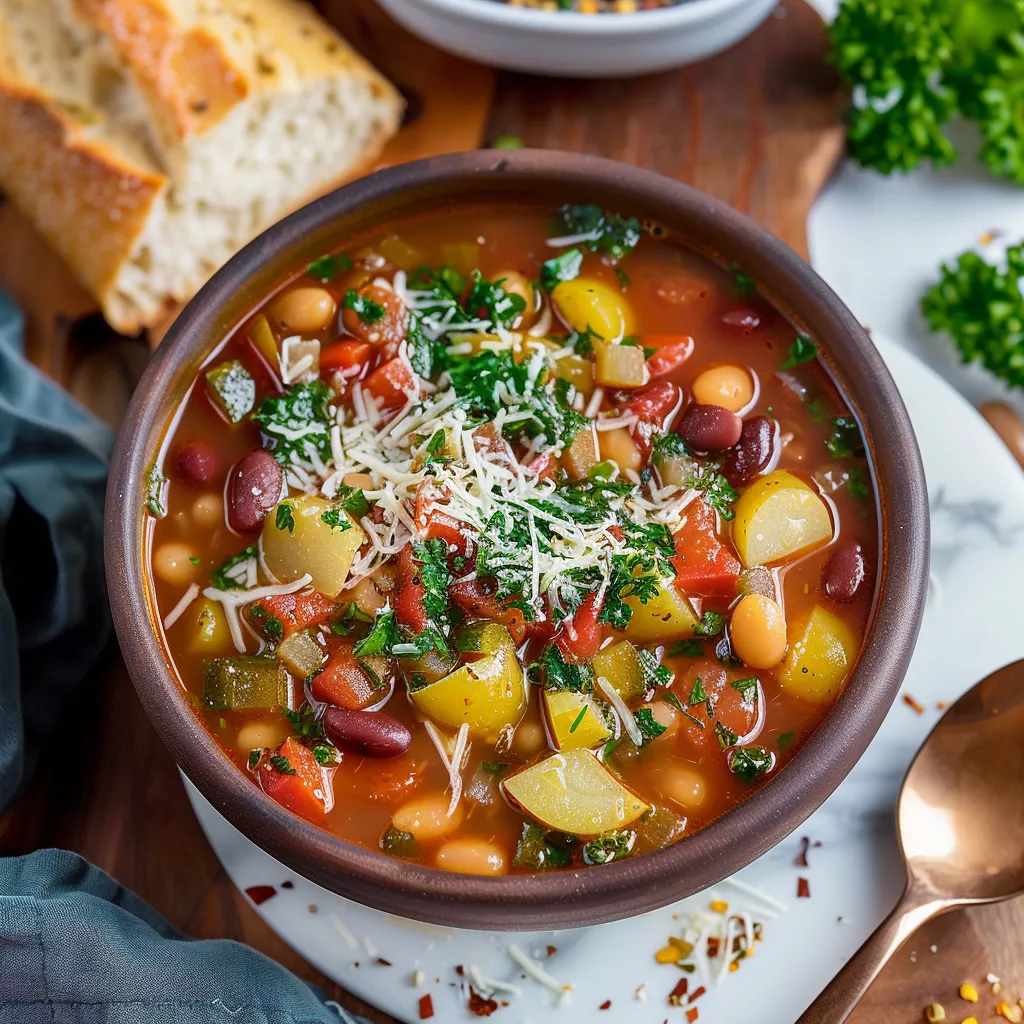 A cheese-topped bowl of soup loaded with veggies.