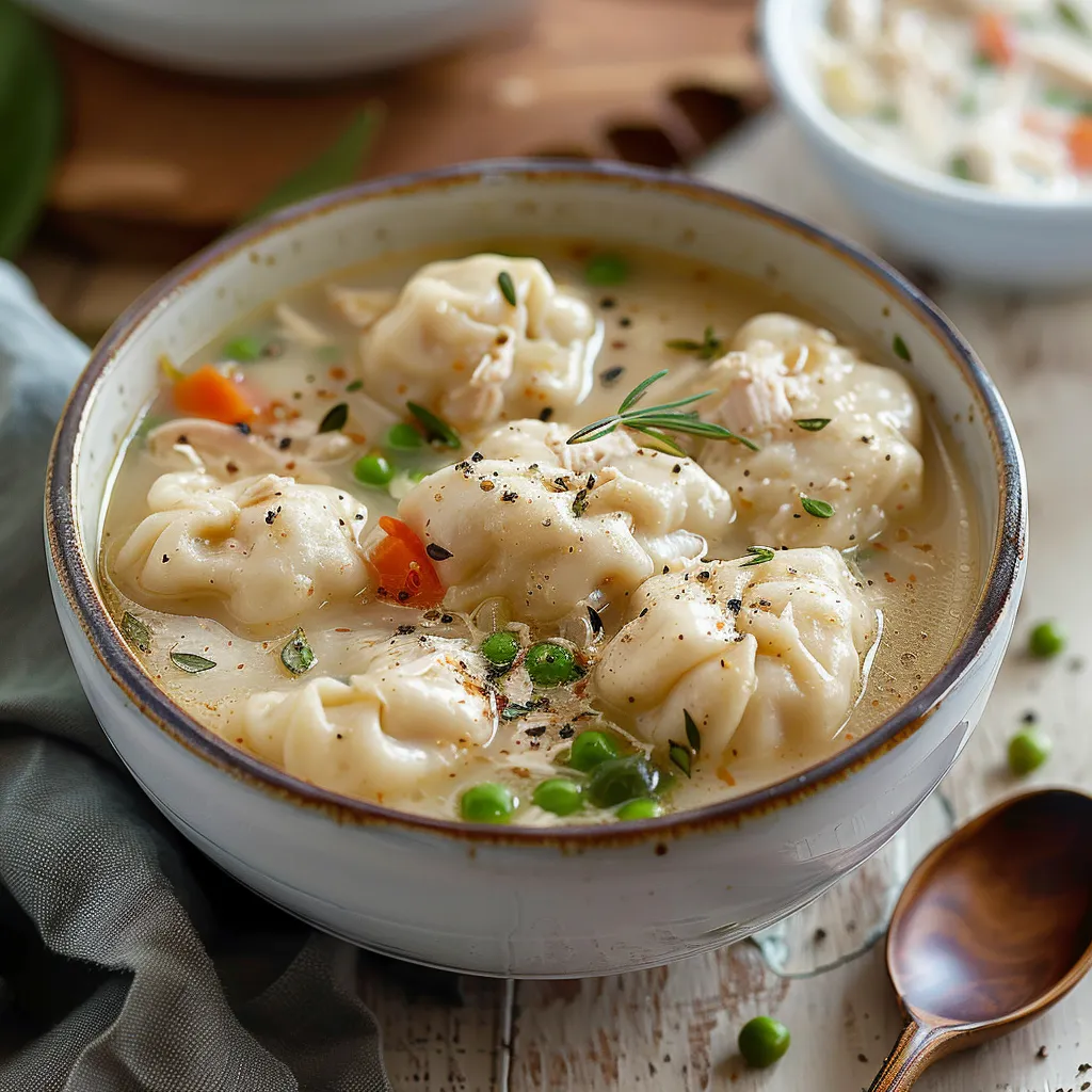 A bowl of soup with chicken and peas.