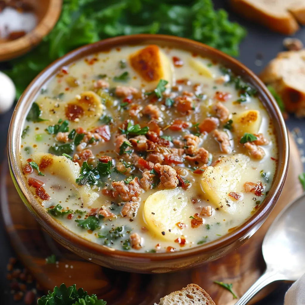 Bowl filled with soup and lots of veggies and sausage.