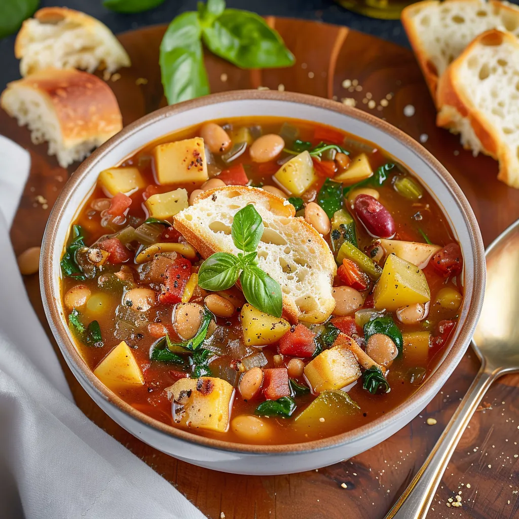 A bowl of soup with bread and vegetables.