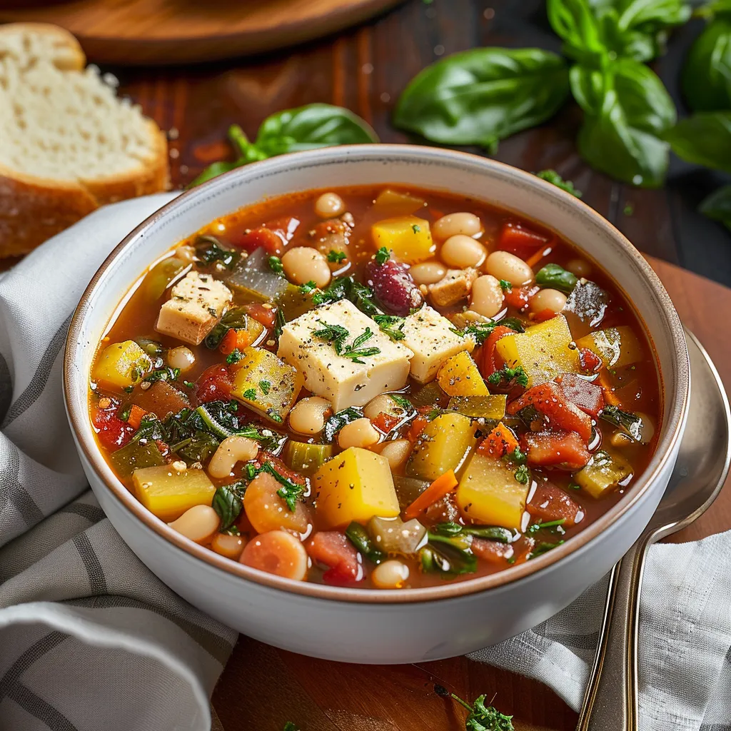 A bowl of soup with vegetables and beans.