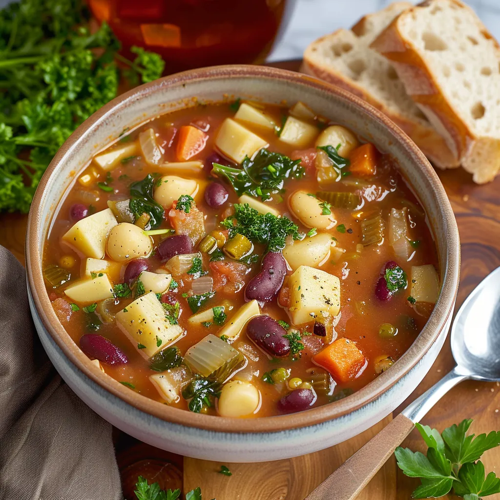 A bowl of soup with vegetables and bread.