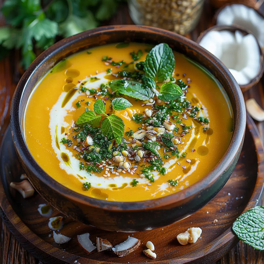 A bowl of soup with a spoon in it.