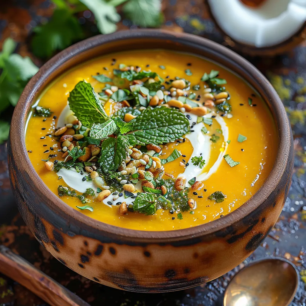 A bowl of soup with mint leaves and nuts.