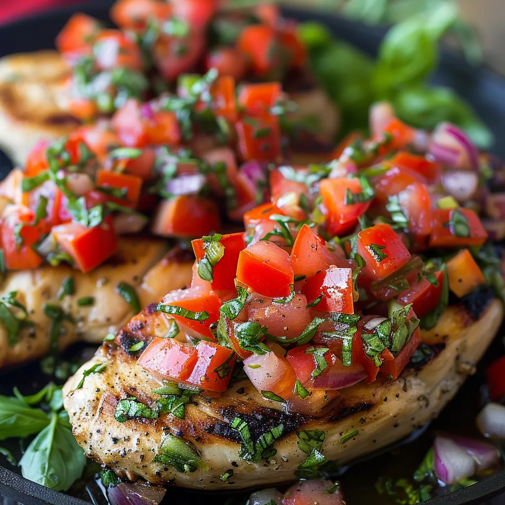 A plate of food with tomatoes and chicken.