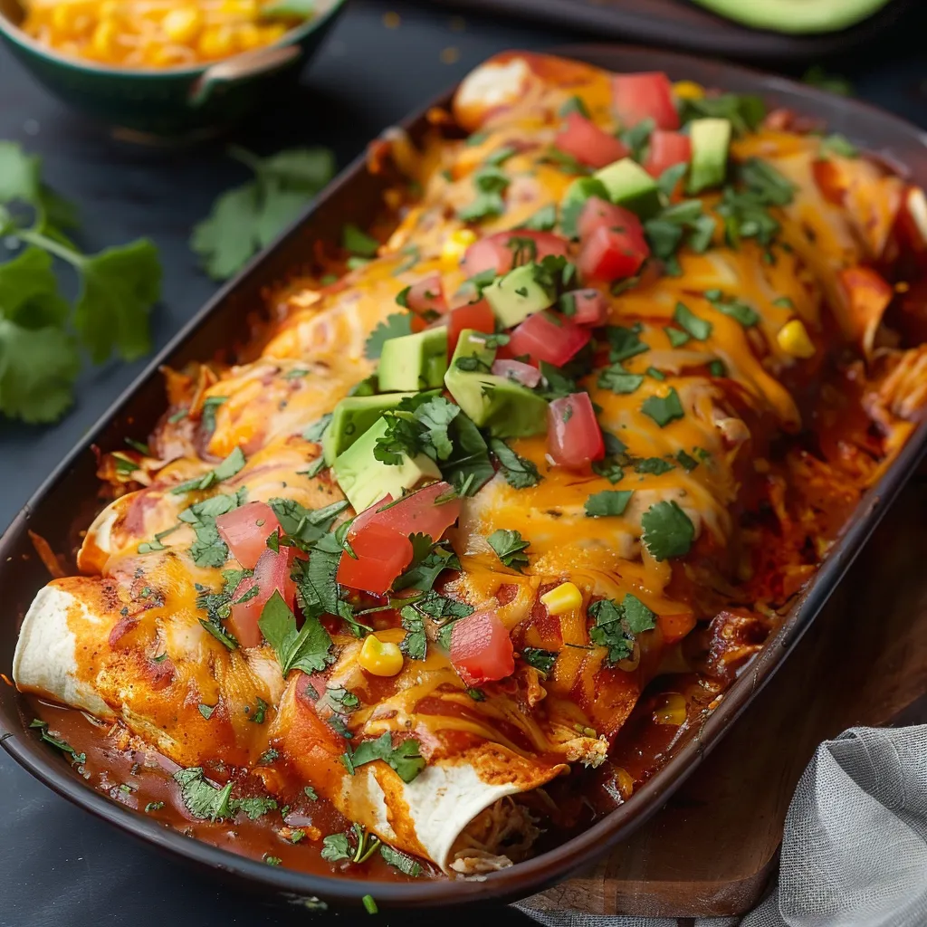 A cheesy, saucy pan of Tex-Mex styled enchiladas dressed with vibrant toppings.