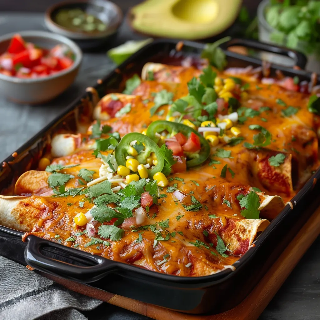 A hot tray of enchiladas beside fresh salsa and a sliced banana.