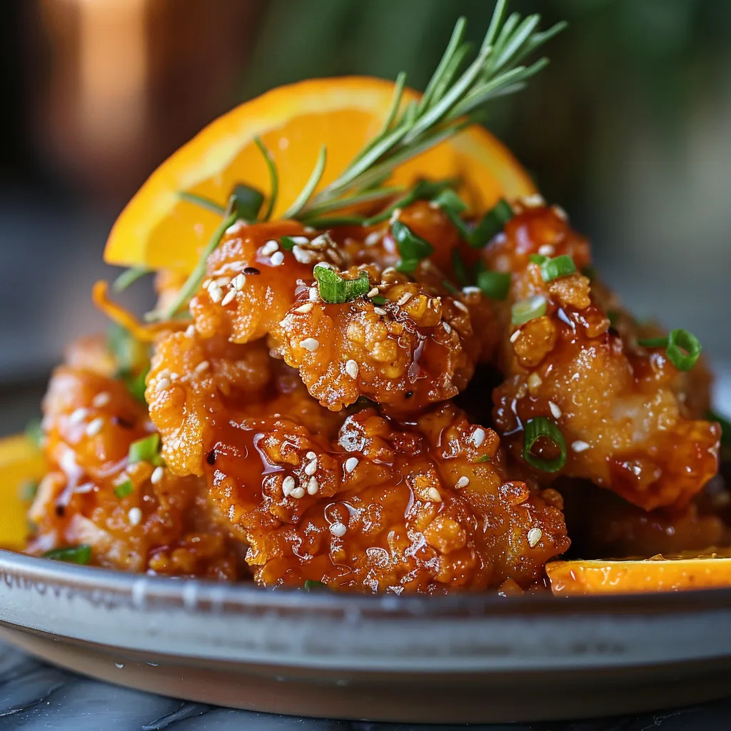 Some chicken piled on a plate with a slice of orange on top.