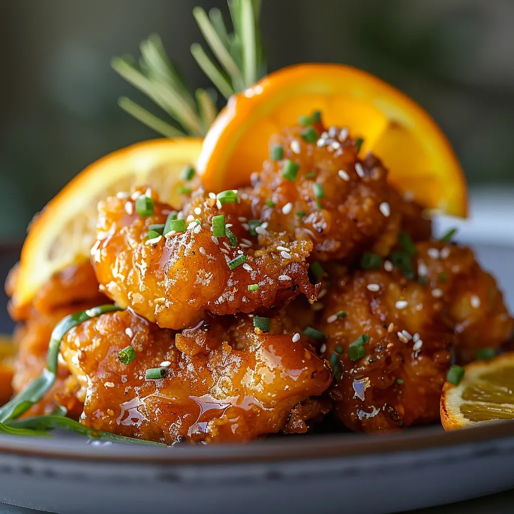 A plate with orange chicken and a fresh orange wedge on top.