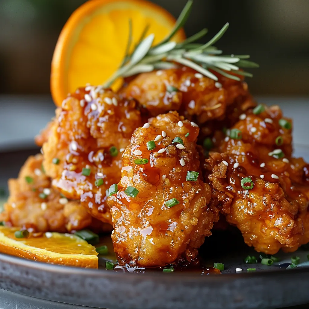 Crispy orange chicken on a plate with fresh orange and green garnish.