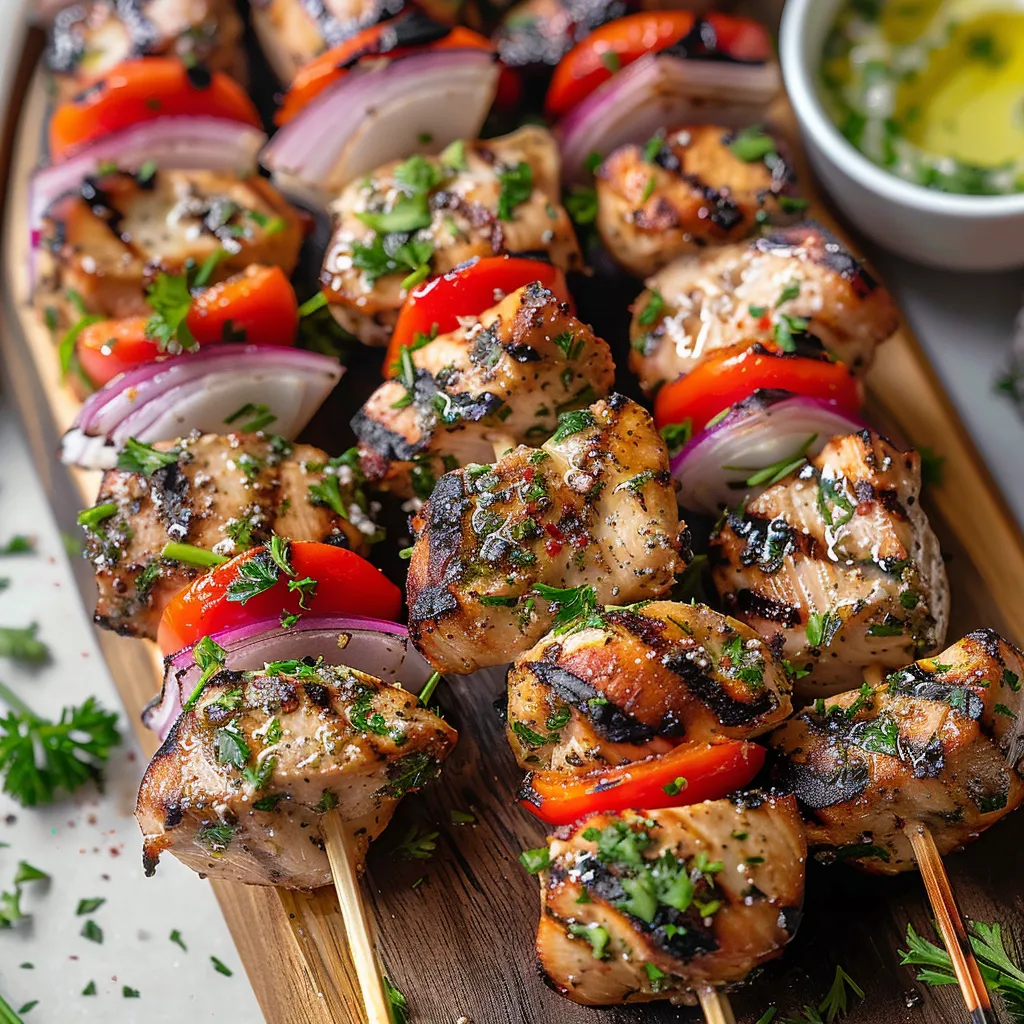 Wooden board piled with meat and veggie skewers.
