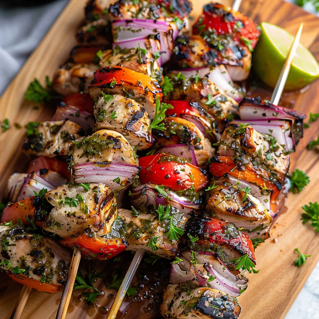 A board piled with juicy grilled chicken and veggie skewers.