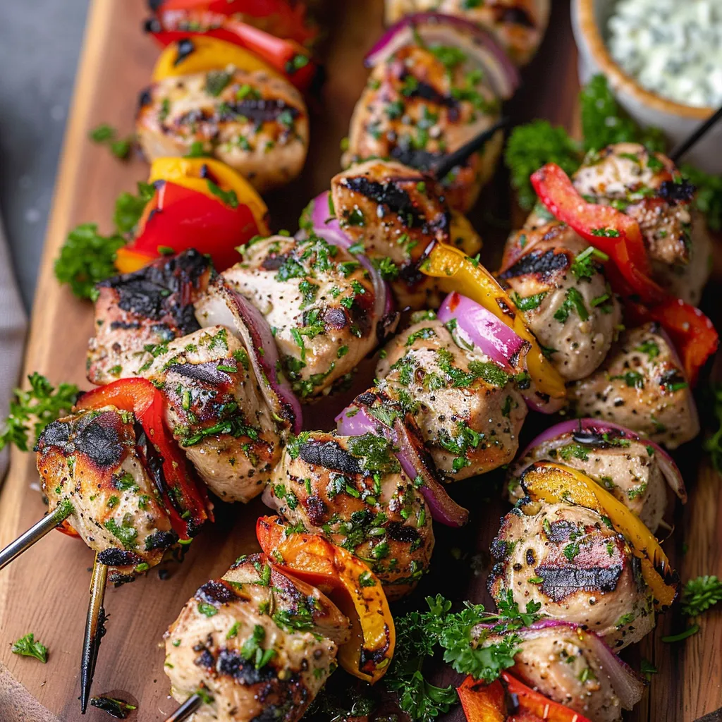 Wooden board topped with chicken and grilled veggies on skewers.