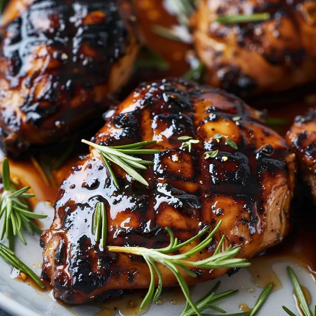 Chicken covered in sweet glaze with herbs.