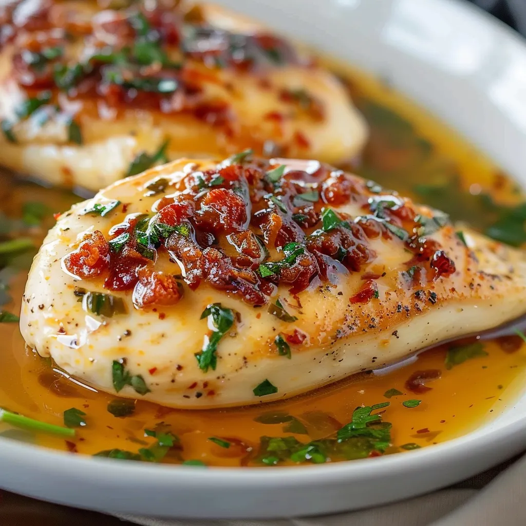 Big piece of juicy chicken on a plate with toppings.