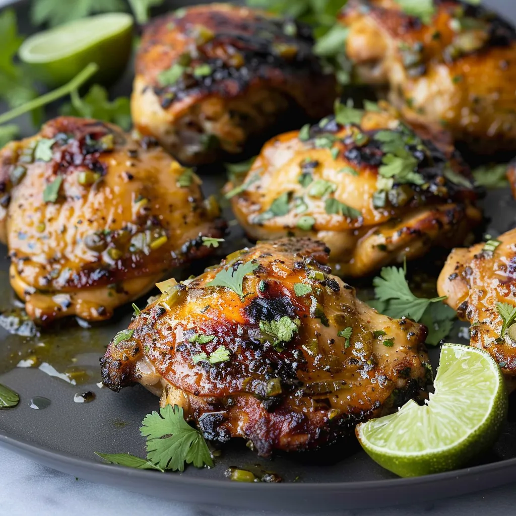 Chicken on a plate with lime on the side.