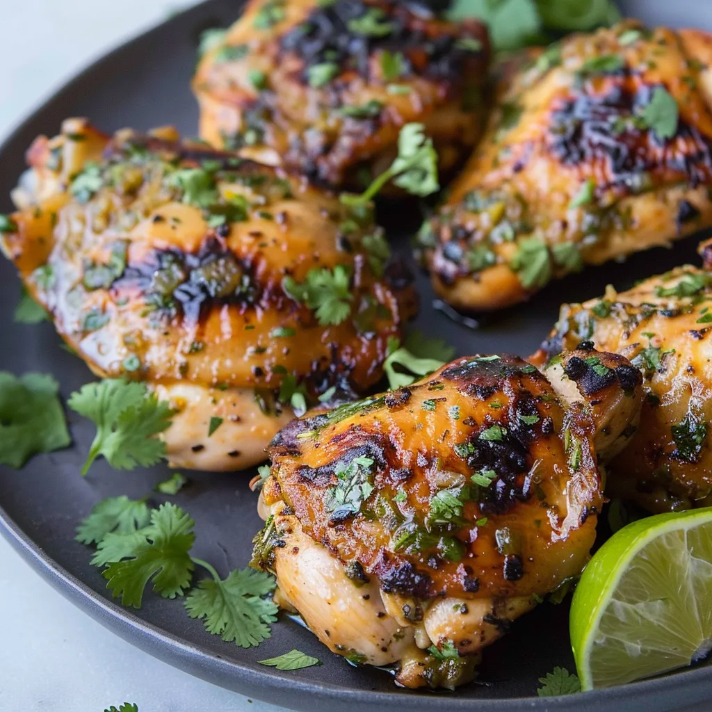Grilled chicken topped with herbs and lime slices on a plate.