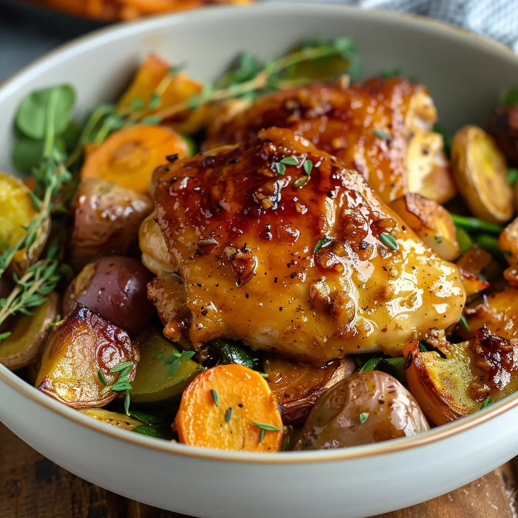 Chicken thighs with golden veggies in a serving bowl.