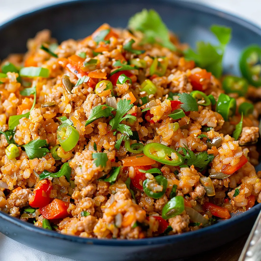Bowl filled with rice and turkey.