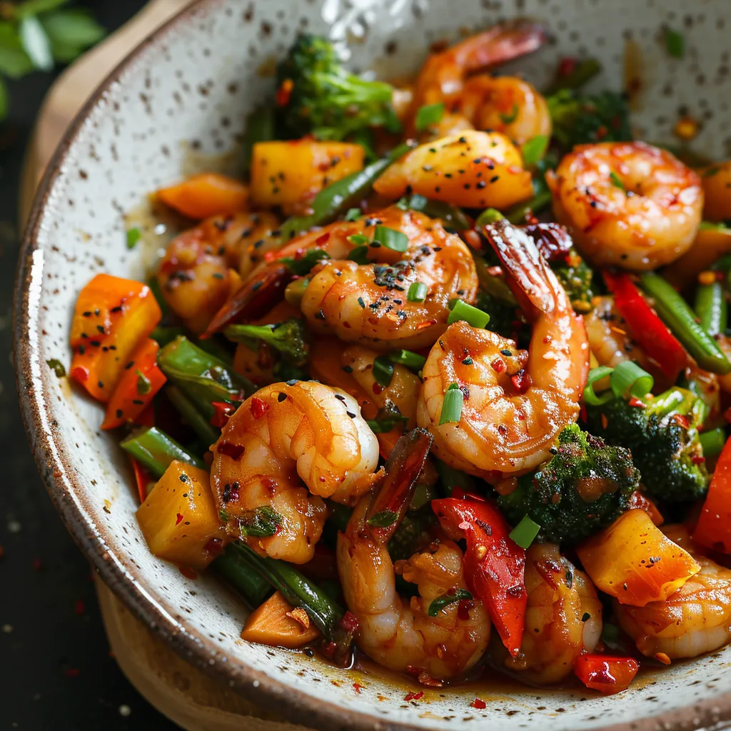 A bowl of shrimp and vegetables.