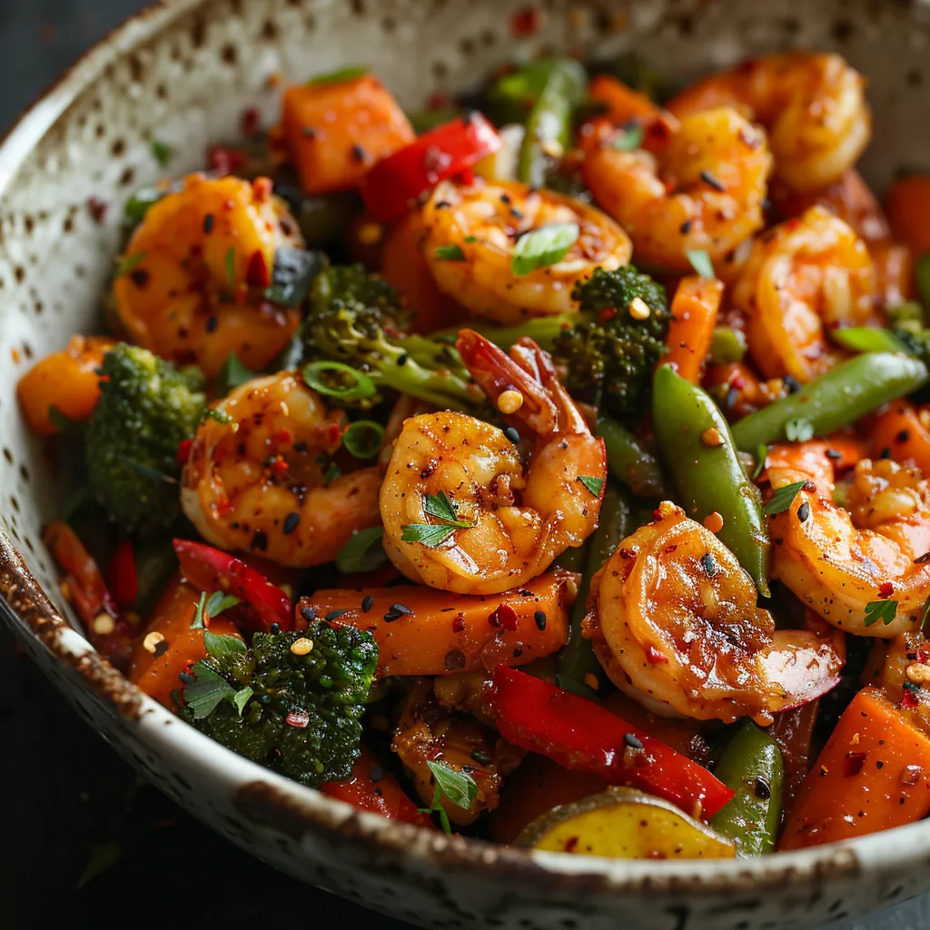 A bowl of shrimp and vegetables.