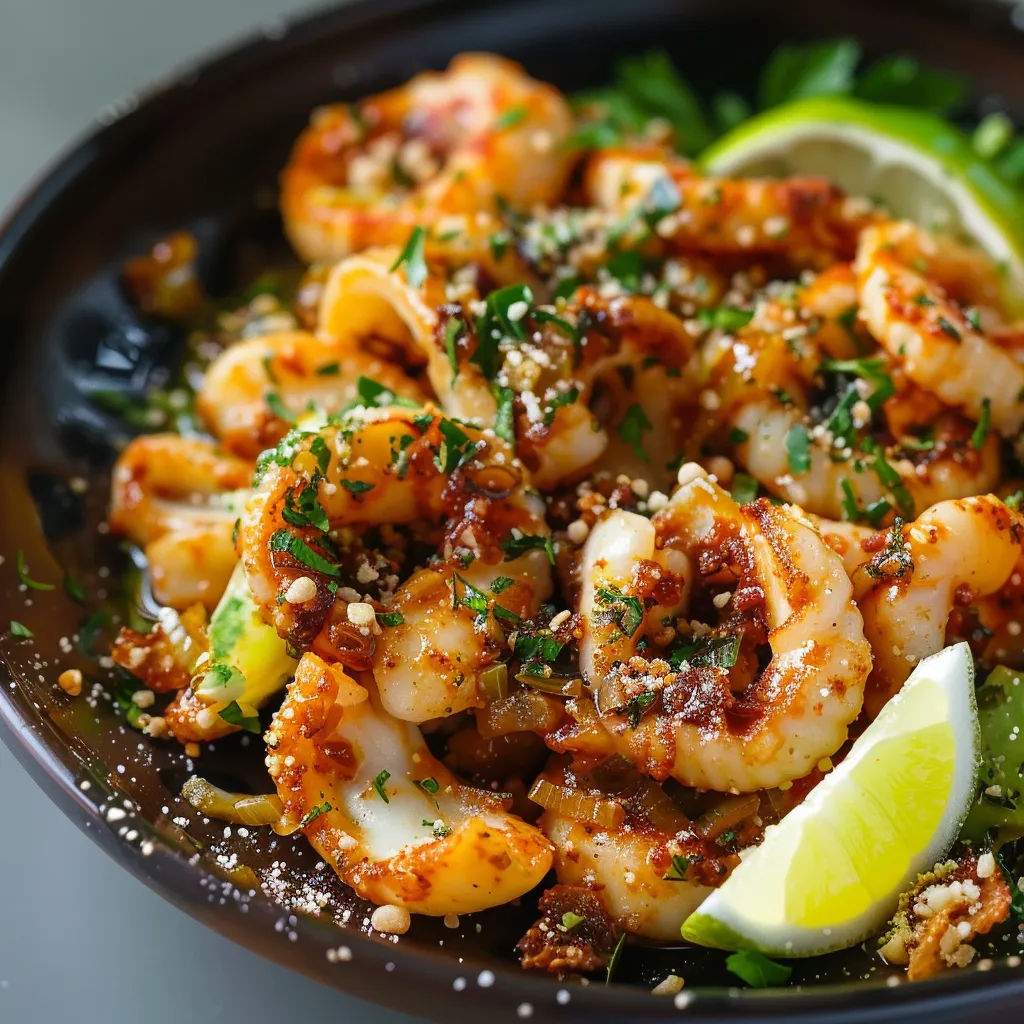 A bowl of seafood with a slice of lime on top.