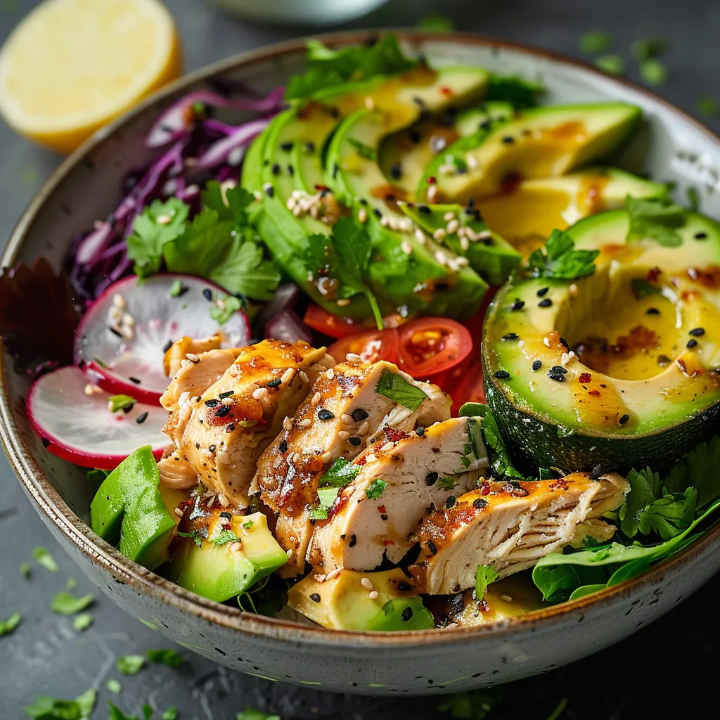 A bowl with chicken, avocado, and crunchy veggies.