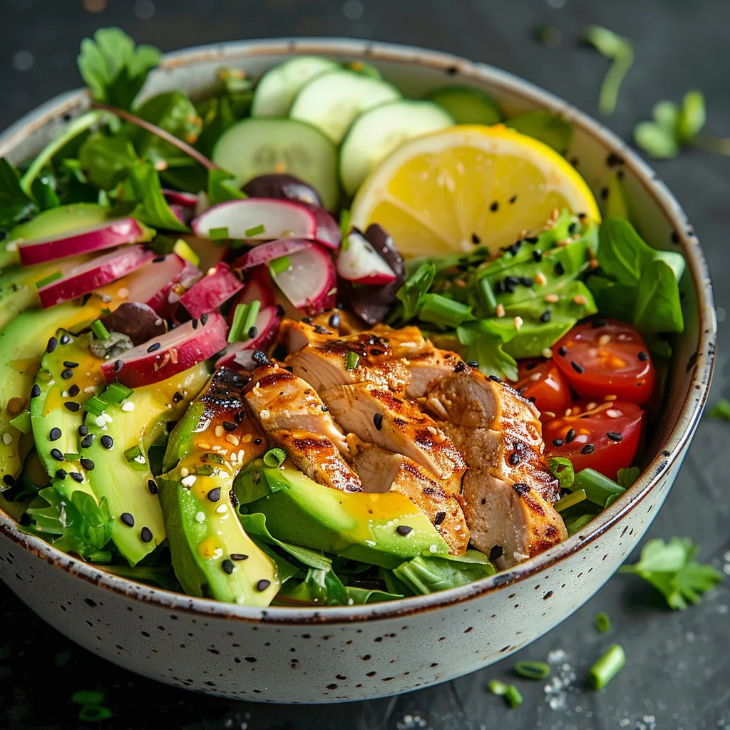 A bowl of salad with chicken, avocado, tomato, cucumber, and lemon.