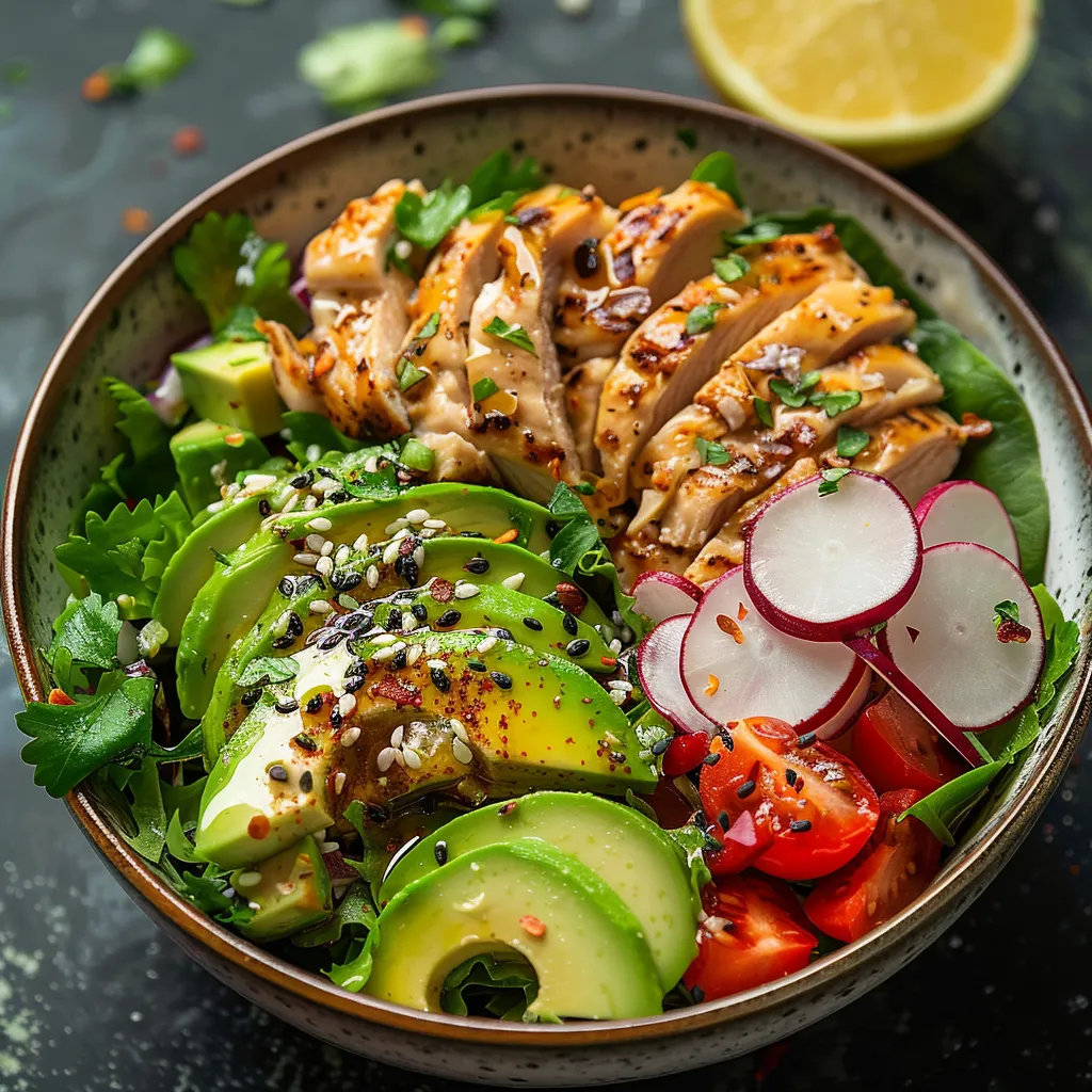 A bowl of food with chicken, avocado, tomato, and lime.